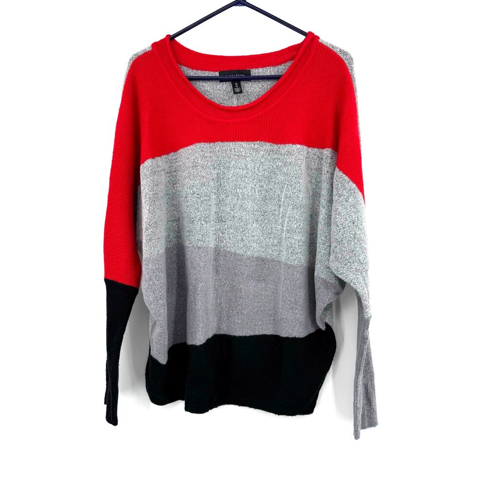 H Halston Size Medium Pullover Style Knit Sweater Red Gray Black